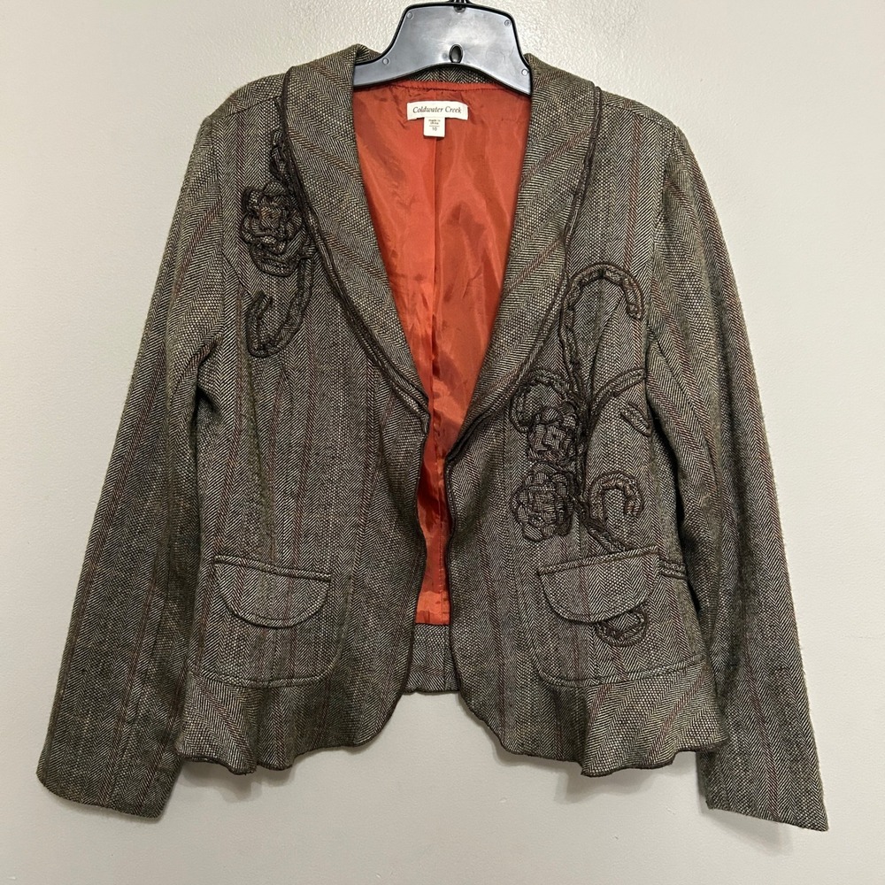 Women's Cottagecore Blazer 10 Brown Herringbone Floral Embroidered Dark Academia - Picture 1 of 12
